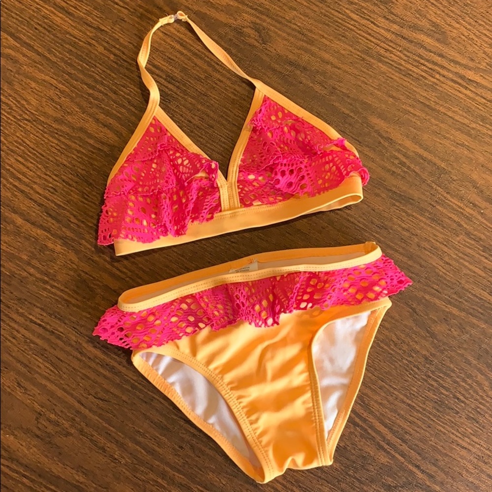 EUC Girls 5 bright orange/pink crochet bikini